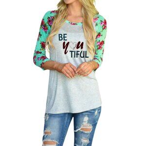Beautiful Long Sleeve Top Graphic Logo Floral Teal Baseball Henley SZ Medium NWT
